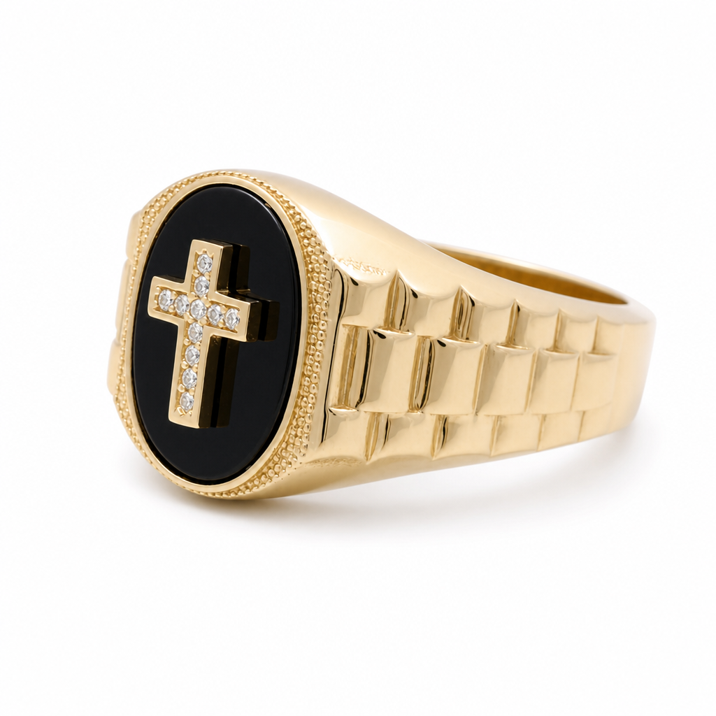 14K Yellow Gold Oval Men's Ring with Cross and Onyx / Stone: Cz / Size:11  / Weight: 6.3 GR