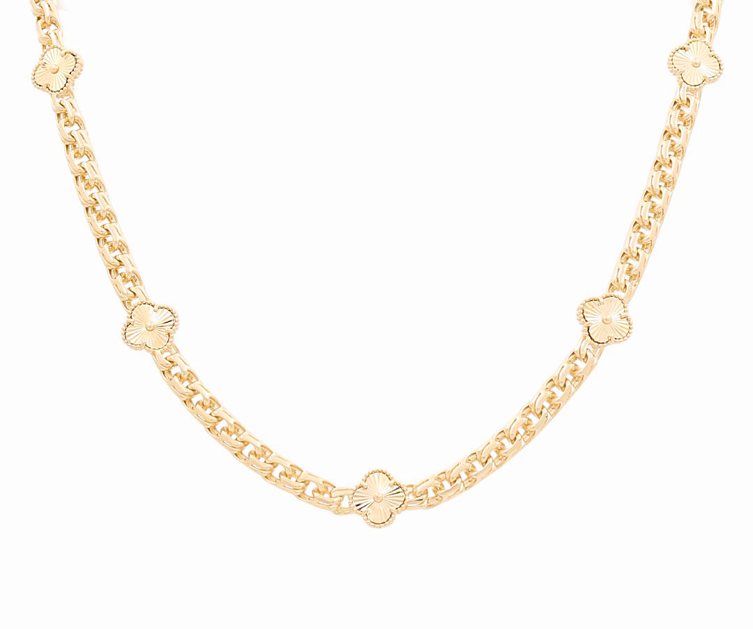 14K Yellow Gold Chinese Link Necklace with Gold Clover / Size: 18” / Weight: 34 GR / DONK4CLV