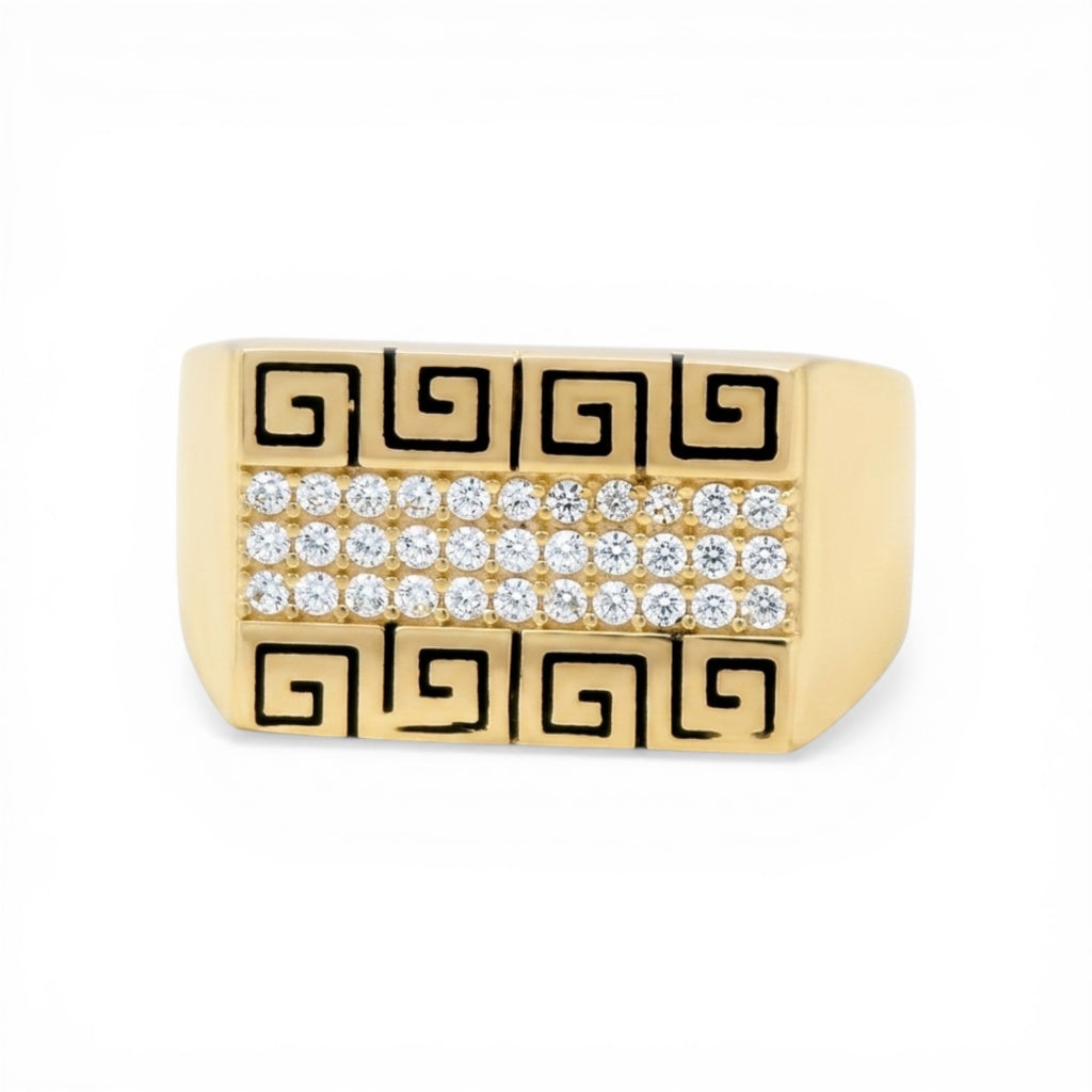 10K Yellow Gold Fashion Men's Ring with Greek and Cz / Size :10 / Weight: 4.5 GR