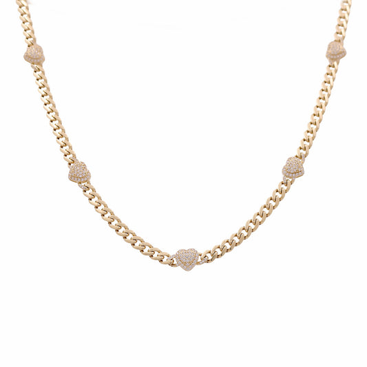 10K Yellow Gold Monaco Women's Necklace with Hearts and White Cz / Size: 17.5” / Weight: 13.9 GR