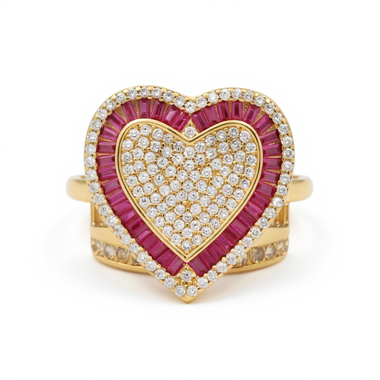 14K Yellow Gold Women's Baguette Heart Ring with Cz / Size: 7.5 / Weight: 10.6 GR