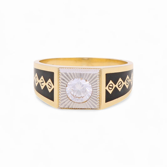 14k Two Tone Square Men's Ring with Black Enamel and Cz / Size 10.5 / Weight 6.5 GR / COMR4SQTTBECZ-1