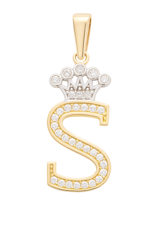 14K Yellow and White Gold Initial S with Crown / Stone: Cz / Weight: 1.1 GR / 73251S
