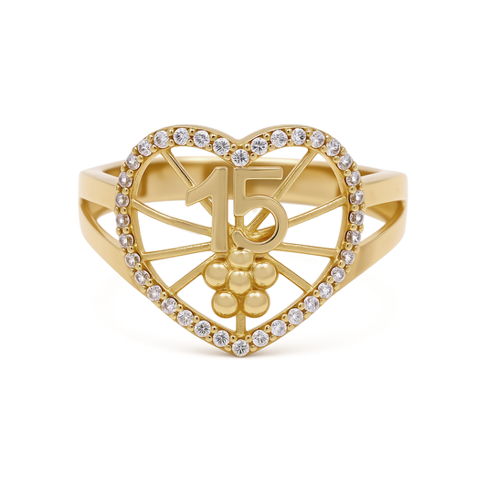14K Yellow Gold Quinceanera Women's Ring with Heart and Cz / Size: 7 / Weight: 2.3 GR / COWR4HR15