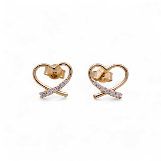 14K Yellow Gold Fashion Heart Stud Earrings with Cz / Weight: 1.4 GR / DQES4HR
