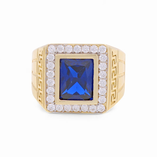 14k Rectangular Men's Ring with Greek, Blue and White Cz / Size 10.5 / Weight 11.7 GR / BOMR4FS-5