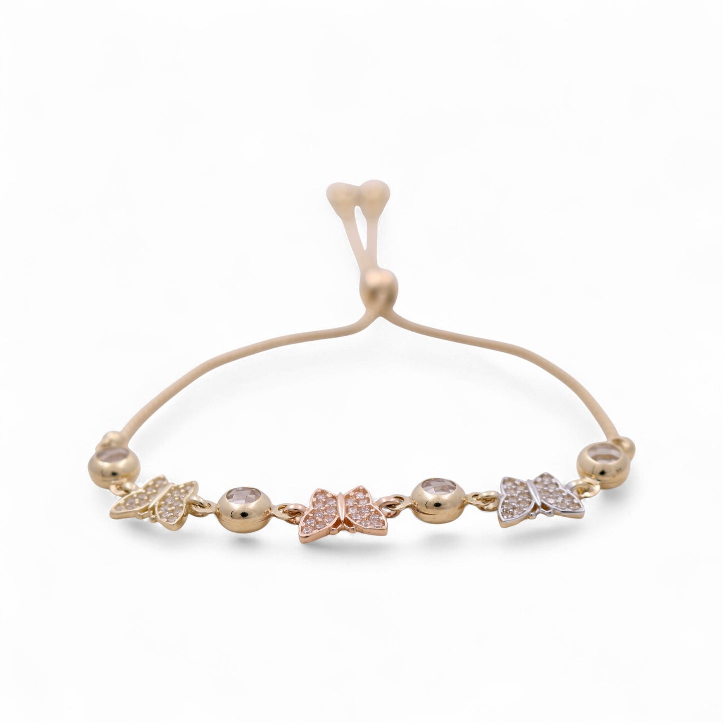 14k Yellow, White and Rose Gold Adjustable Butterfly Women's Bracelet with Cz / Weight: 6.3 GR / CCFWB3T4BT