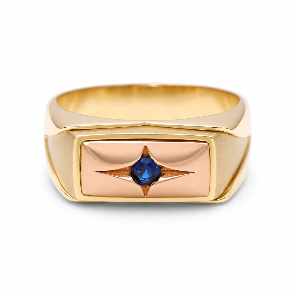 14K Yellow and Rose Gold Fashion Men's Ring with Blue Cz / Size: 10 / Weight: 4.3 GR