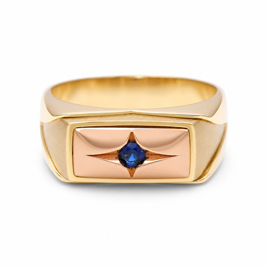 14K Yellow and Rose Gold Fashion Men's Ring with Blue Cz / Size: 10 / Weight: 4.3 GR