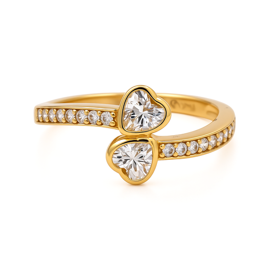 14K Yellow Gold Two Hearts Women's Ring with Cz / Size: 7 / Weight: 2.5 GR / CEEWR4HR-4