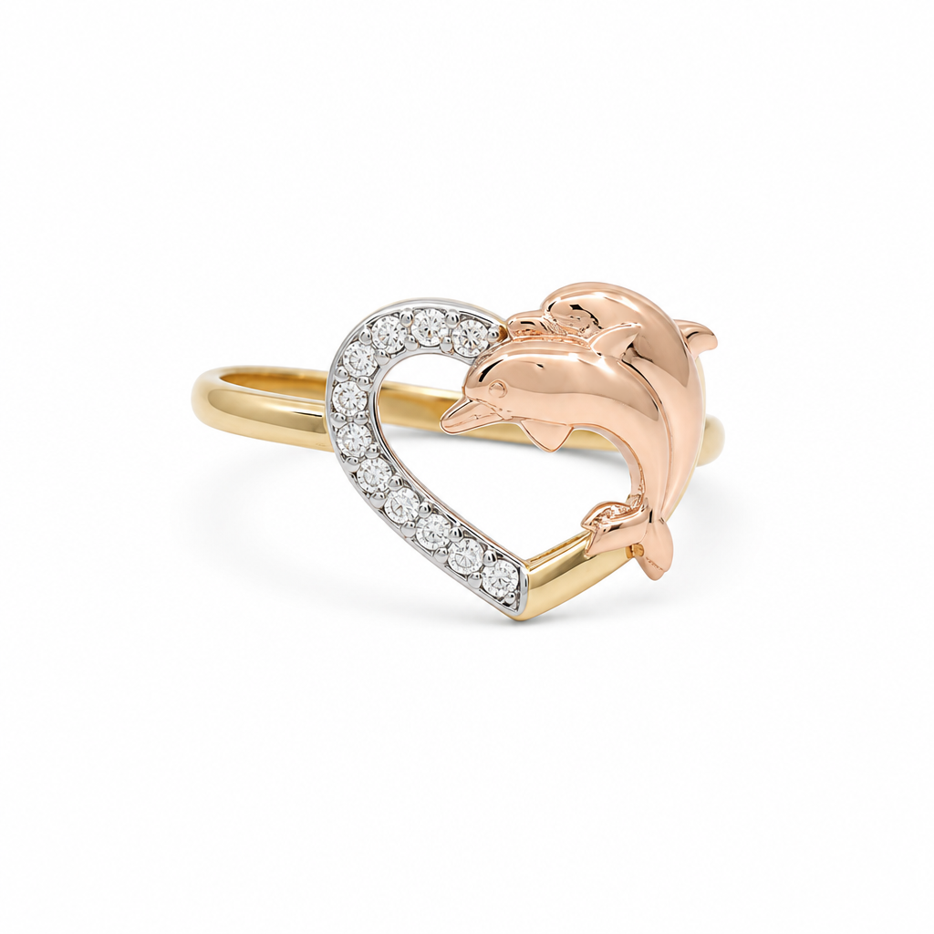 14K Yellow and Rose Gold Heart Women's Ring with Dolphins / Size: 7 / Weight: 1.8 GR / DQWRTT4HR