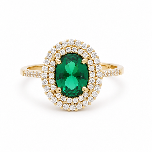 14K Yellow Gold Fashion Women's Rings with Green and White Cz Stone / Size: 7.5 /Weight: 3.1 GR / 308-00171