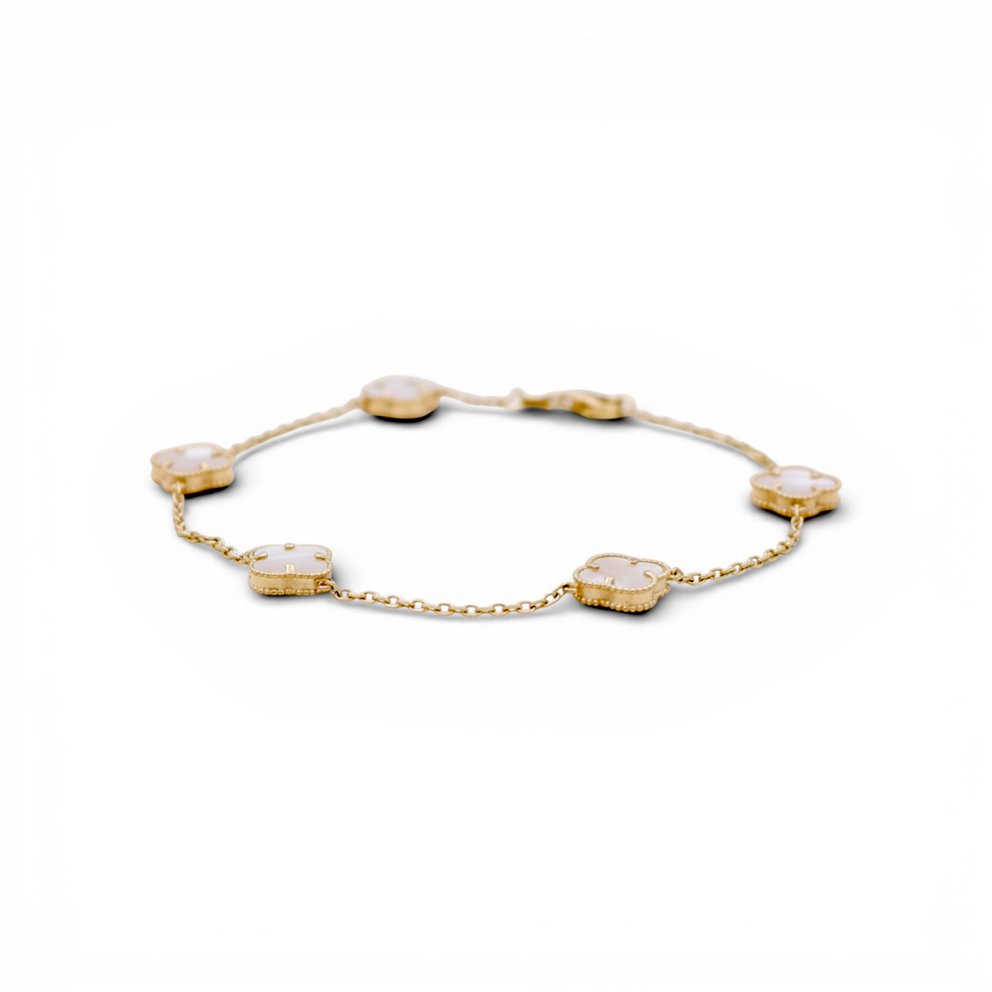14K Yellow Gold Women's Bracelet with Five Mother of Pearl Clover / Size: 7" 13mm / Weight: 6 GR / DQWB4CLV