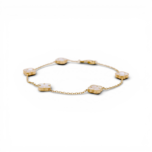 Pulsera para mujer de oro amarillo 14K con cinco tréboles de nácar / Medida: 7" 13mm / Peso: 6.1 GR / DQWB4CLV