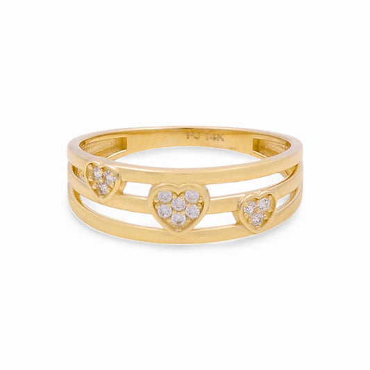 14K Yellow Gold Three Hearts Women's Ring with CZ / Size: 7.5 / Weight: 1.8 GR / CPWR4HR-4