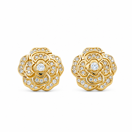 14K Yellow Gold Flower Women's Stud Earrings with Cz / Weight: 3.2 GR / DQES4FL