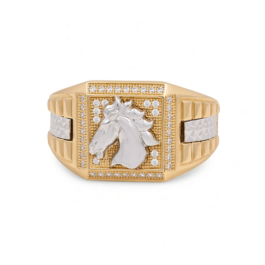 14K Yellow Gold Two Tone Square Horse Men's Ring with Cz / Size: 10 / Weight: 8.3 GR / COMR4SQTTHRCZ