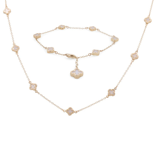 14K Yellow Gold White Clover Necklace With Free Bracelet / Size: 16" - 7.5" / Promotion