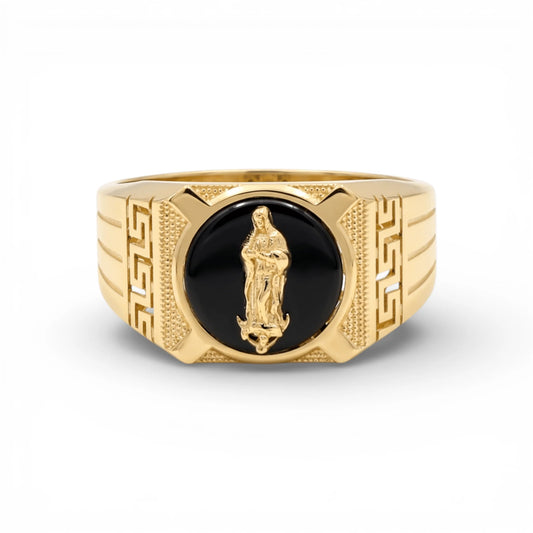 14K Yellow Gold Virgen Guadalupe Men's Ring with Onyx / Size: 10 / Weight: 4.7 GR / CQMR4VG