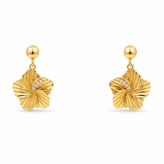 14K Yellow Gold Flower Stud Earrings with White Stone / Weight: 3.2 GR / DQES4FL