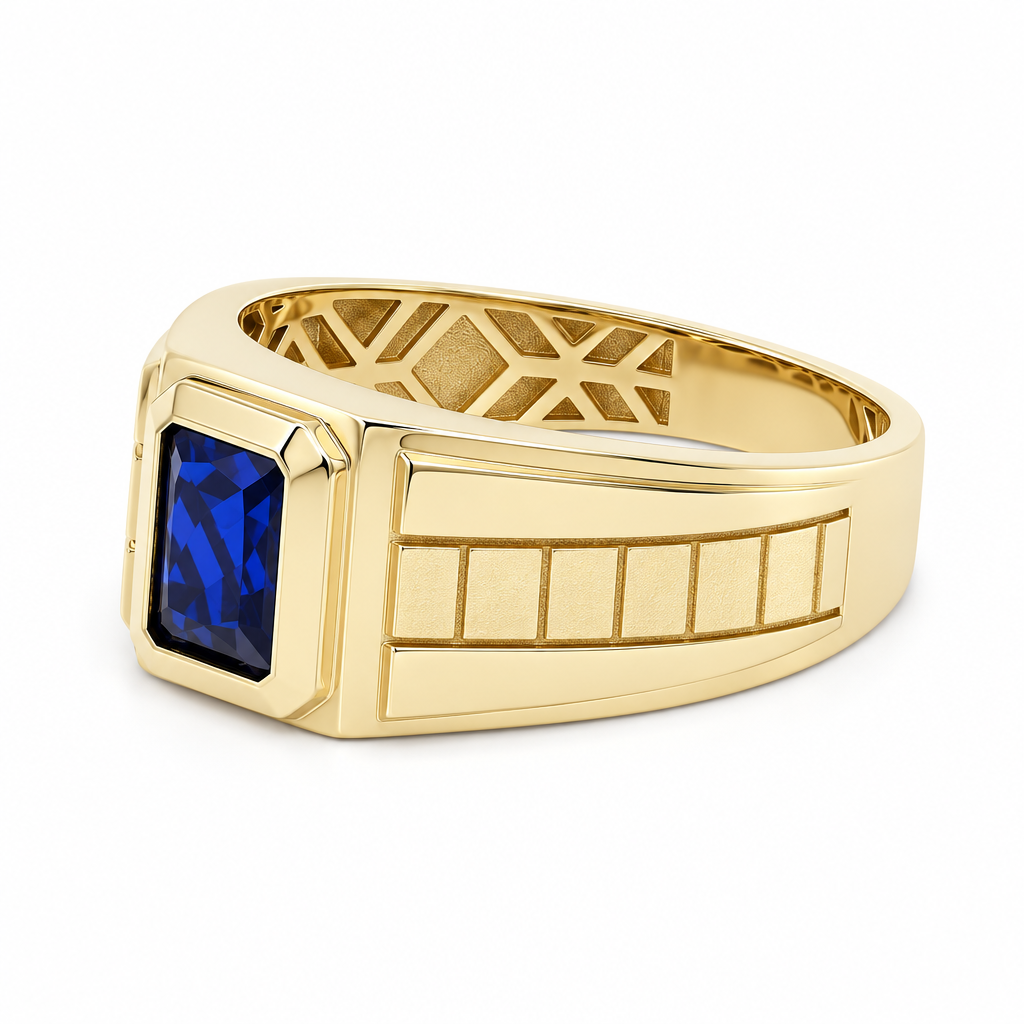 14K Yellow Gold SQ Fashion Men's Ring with Blue Cz / Size: 10 / Weight: 4.3 GR / DQMR4FS-14