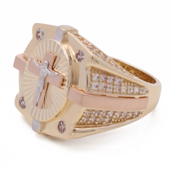 14K Tricolor Gold Jesus on the Cross Men’s Ring / CZ / Size 10 / Weight: 8.3 GR / COMR3T4CRS