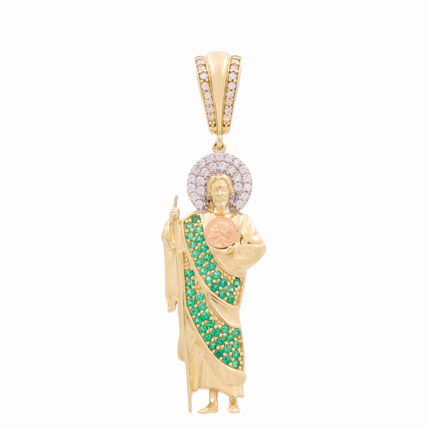 10K Yellow and Rose Gold San Judas Pendant with Green Cz / Size: 40MM / Weight: 4.6GR / DQPDTT0SJ