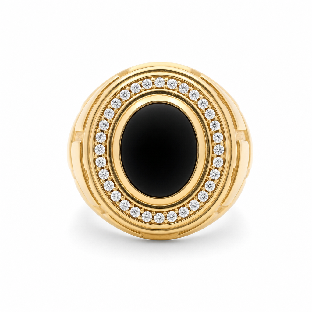 14K Yellow Gold RD Fashion Men’s Ring with Blue and White Cz / Size 11 / Weight: 16 GR