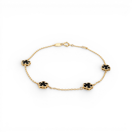 14K Yellow Gold Onyx Clover's Fashion Women's Bracelet / Size:7'' /  Weight: .8GR / 401-01961