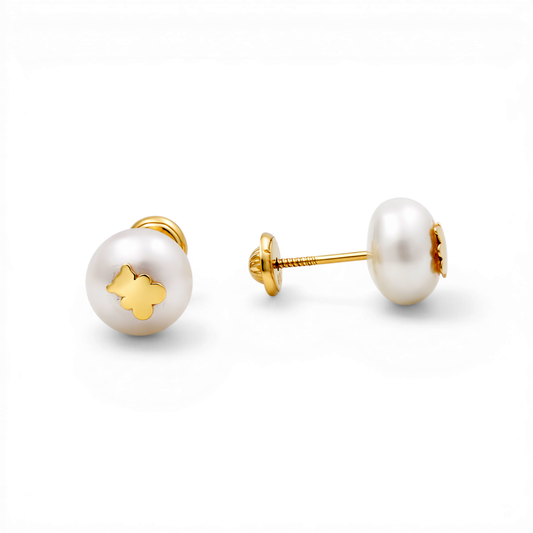 14k Yellow Gold Pearl with Bear Stud Earrings / 6-749701PN