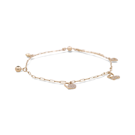 14k Yellow Gold Paper Clip Link Women's Anklet Bracelet with Charms and Cz / Size: 10.5" / Weight: 4.8 GR / CCFAB4PC-2