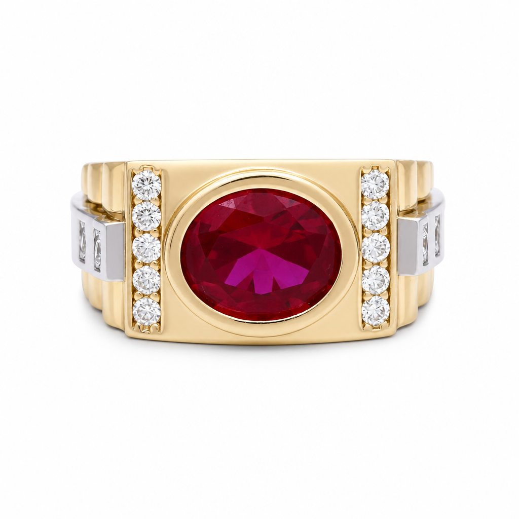 14K Yellow and White Gold Fashion Men’s Ring with Red Cz / Size 10.5 / Weight: 10.3 GR