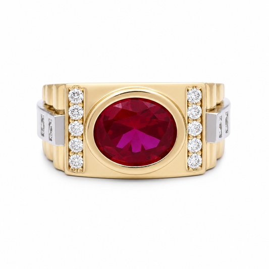 14K Yellow and White Gold Fashion Men’s Ring with Red Cz / Size 10.5 / Weight: 10.3 GR