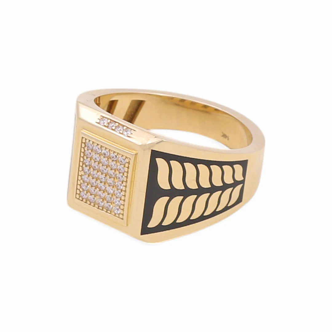 14k Yellow Gold Square Men's Ring with Black Enamel and CZ / Size 11 / Weight: 9.9 GR / COMR4SQBECZ-1