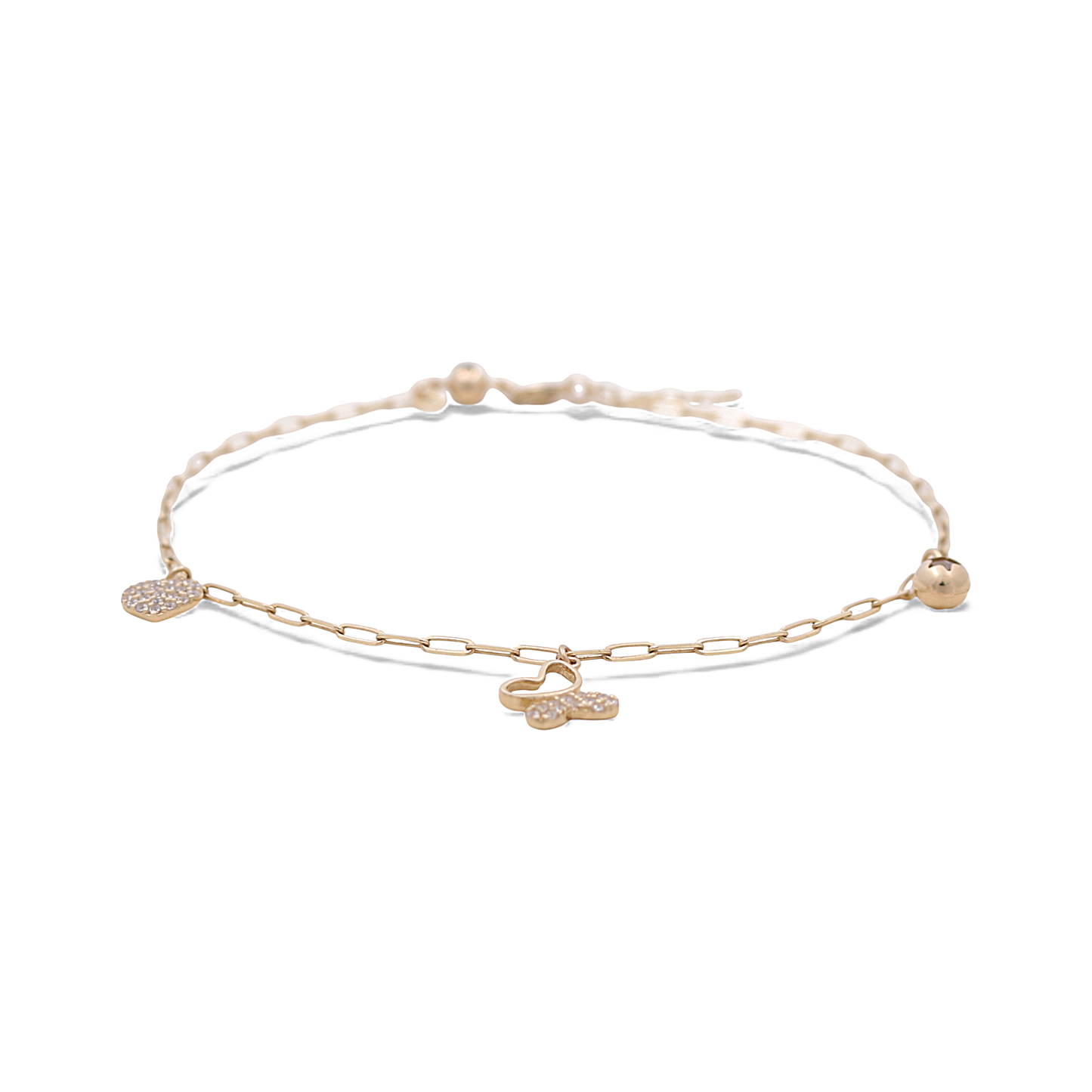 14k Yellow Gold Paper Clip Link Women's Anklet Bracelet with Charms and Cz / Size: 10.5" / Weight: 4.2 GR / CCFAB4PC