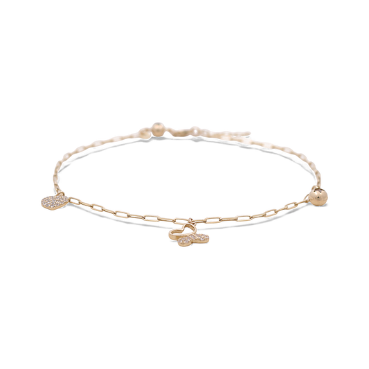 14k Yellow Gold Paper Clip Link Women's Anklet Bracelet with Charms and Cz / Size: 10.5" / Weight: 4.2 GR / CCFAB4PC