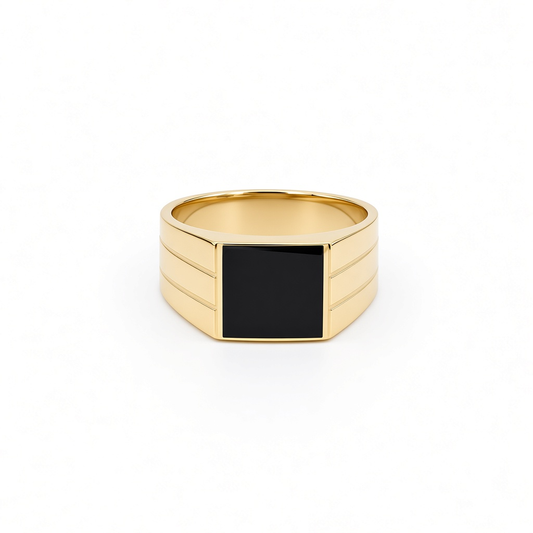 14K Yellow Gold Fashion Men's Ring with Black Onyx / Size: 10 / Weight: 5.2 GR / DOMR4FS-19