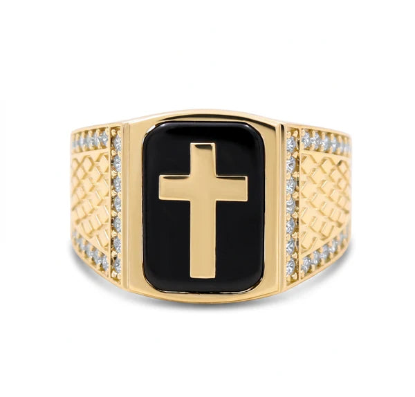 14K Yellow Gold SQ Cross Men's Ring with Onyx and Cz / Size: 10.5 / Weight: 7.7 GR