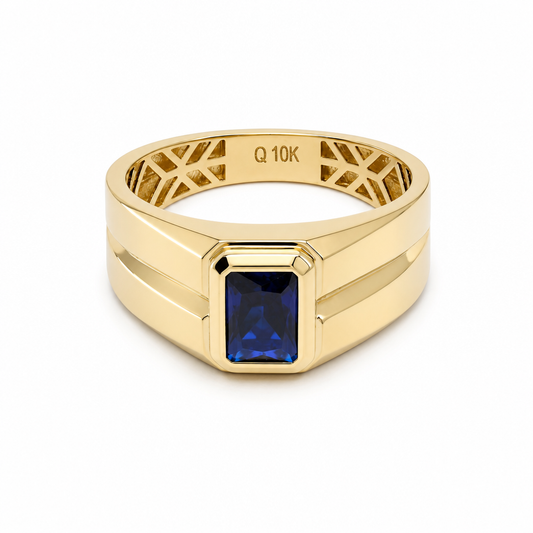 10K Yellow Gold SQ Men's Ring with Blue Cz / Size: 11 / Weight: 4.3 GR / DQMR0FS-13