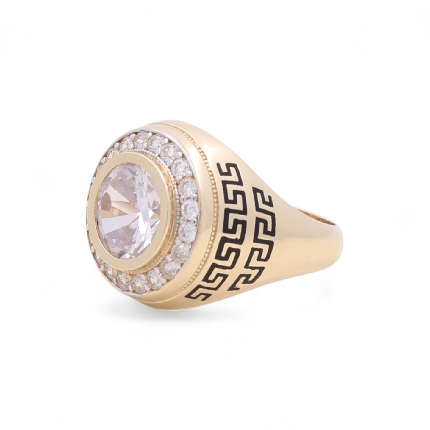 14k Round Men's Ring with Black Enamel Greek and Cz / Size 9.5 / Weight 9.4 GR / BOMR4FS-15