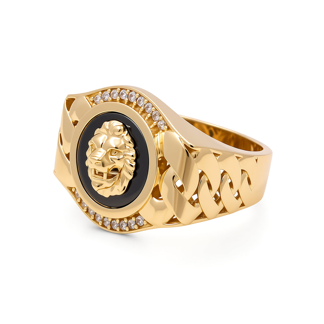 10K Yellow Gold Lion RD Men's Ring with Onyx and Cz / Size: 10.5 / Weight: 7.5 GR