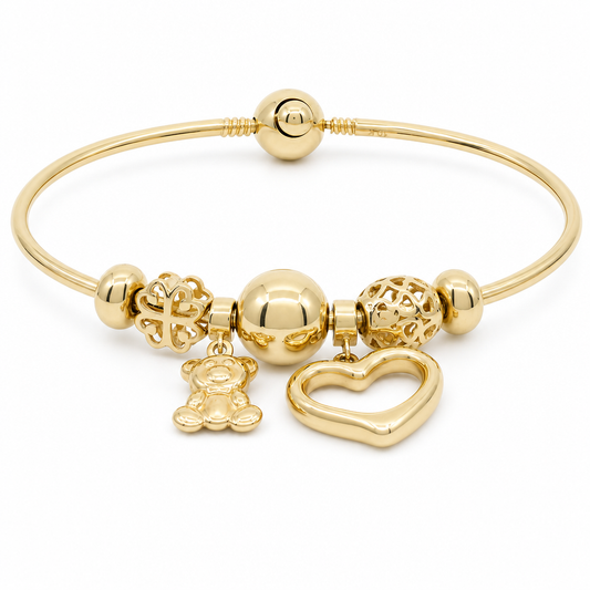 10K Yellow Gold Bangle Bracelet with Hanging Charms / Size: 17 / Weight 9.4 GR / MGBB0FS
