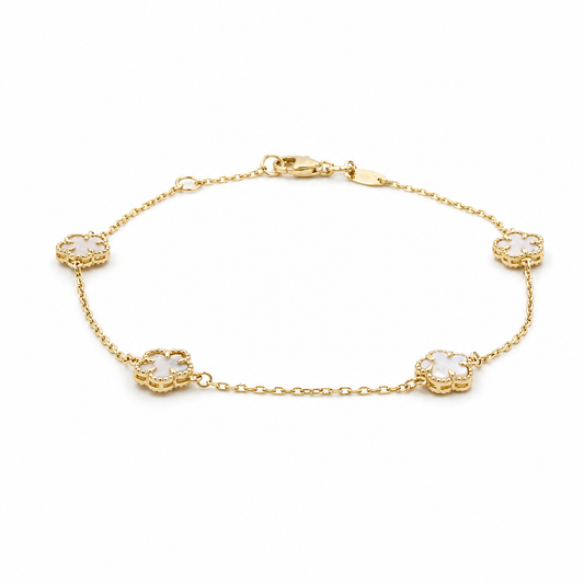 Pulsera de trébol blanco para mujer de oro amarillo 14K / Medida: 7'' / Peso: 2.3GR / 401-01961