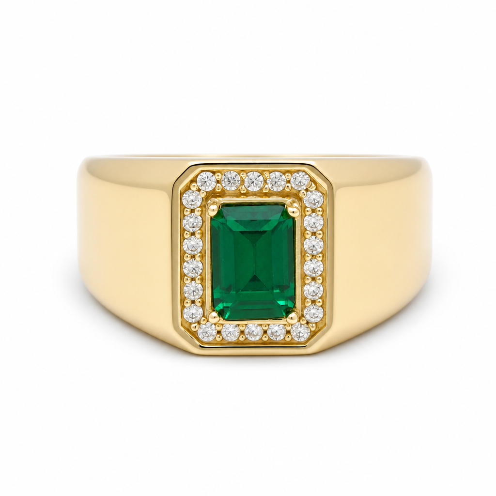 10K Yellow Gold Men's Ring with Cz and Green Stone / Size: 10 / Weight: 5.1 GR / 602-00212