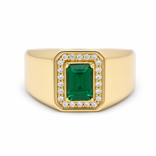 10K Yellow Gold Men's Ring with Cz and Green Stone / Size: 10 / Weight: 5.1 GR / 602-00212