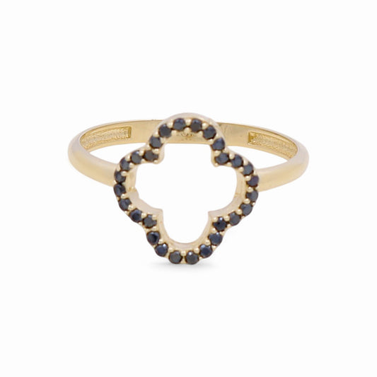 10K Yellow Gold Clover Women's Ring with Black Cz / Size: 7 / Weight: 1.3 GR / DPWR0CLV-2