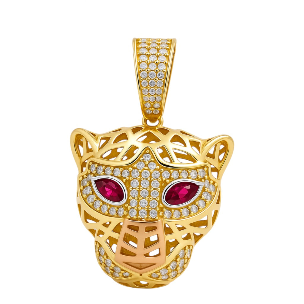 14K Yellow and Rose Gold Panther Pendant with White and Red Stones / Cz