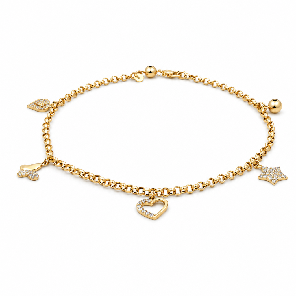 14k Yellow Gold Rolo Link Women's Anklet Bracelet with Charms and Cz / Size: 10.5" / Weight: 5.3 GR / CCFAB4FS-5