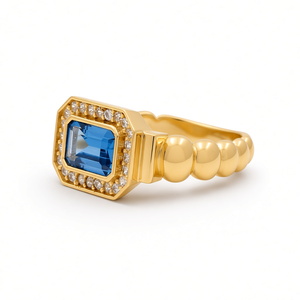 14K Yellow Gold Fashion Women's Ring with Blue Cz / Size: 7.5 / Weight: 3 GR / YRF-3839