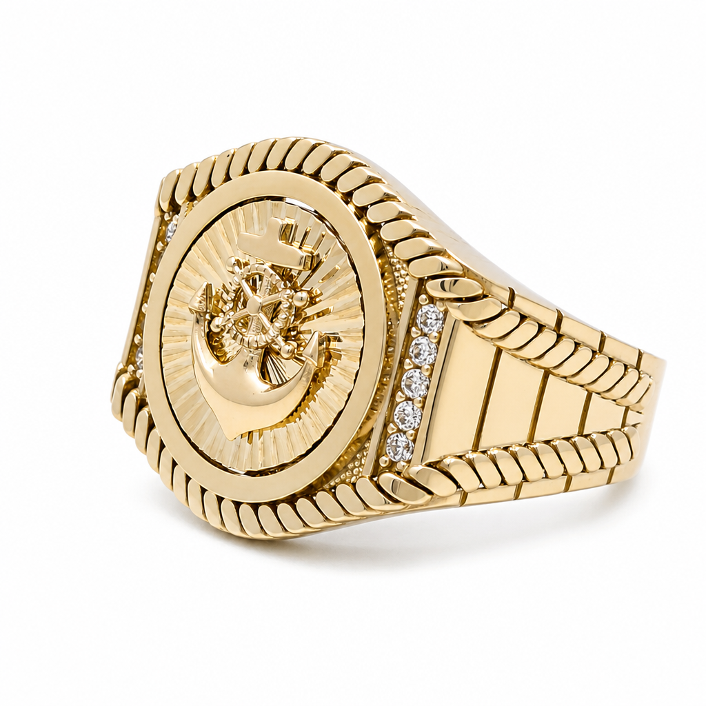 10K  Yellow Gold Anchor Men's Ring with Cz / Size: 11.5 / Weight: 7.6 GR / DQMR0AN